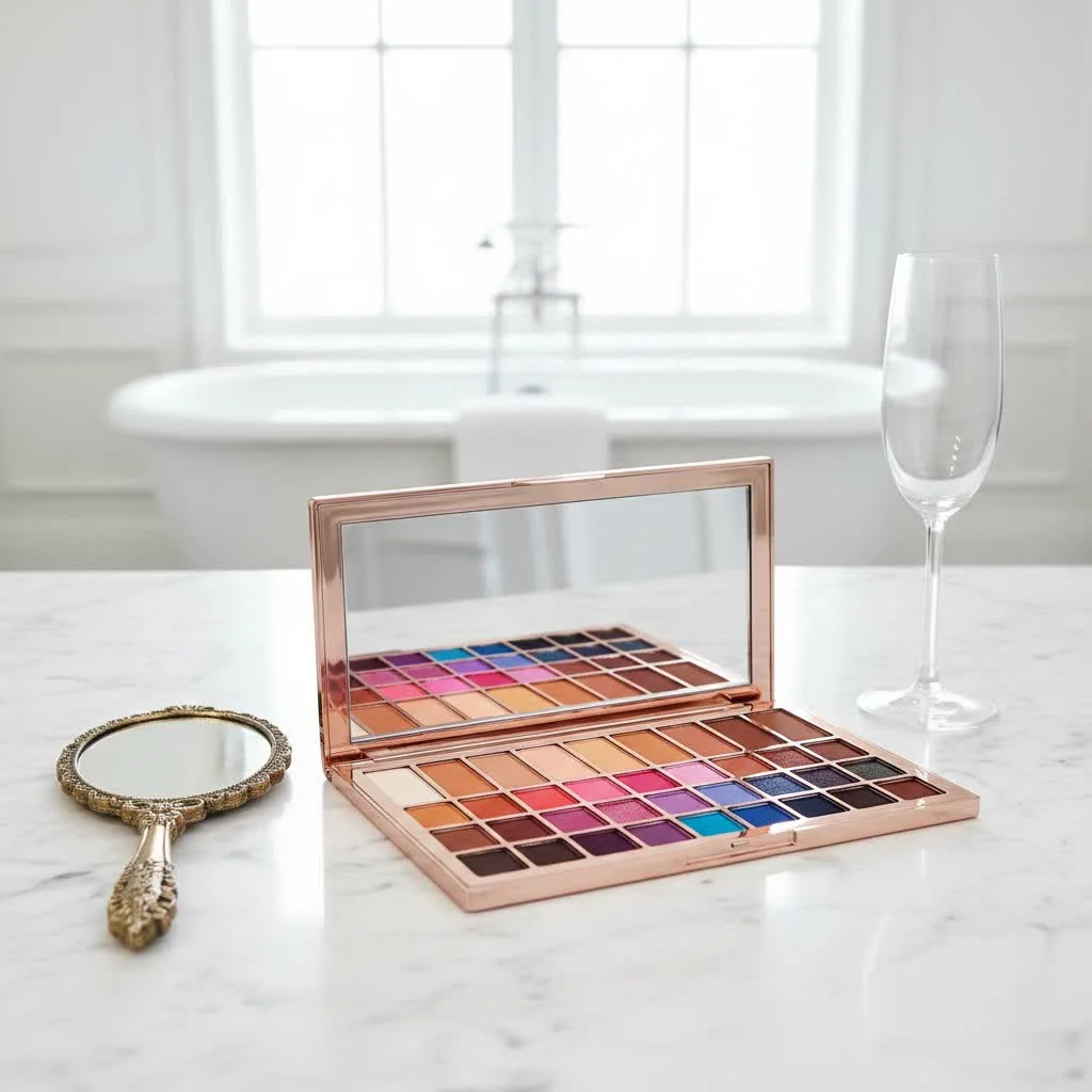 YSL eye shadow palette with various shades and brushes