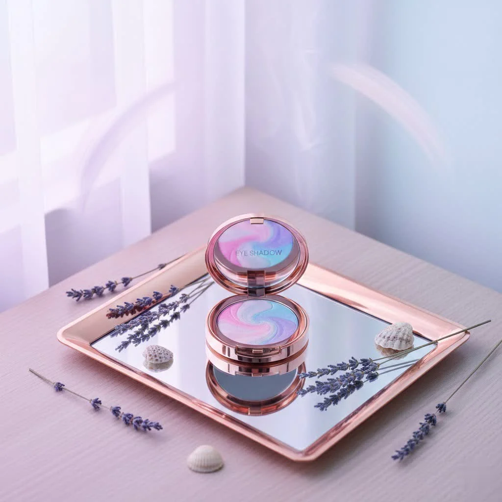 Close-up of a woman applying creme eye shadow with her fingertip