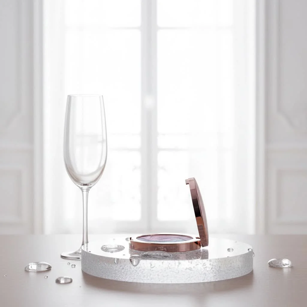 Close-up of a woman's green eye with shimmering purple eyeshadow