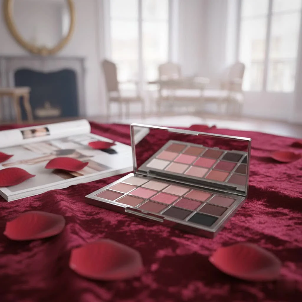 Close-up of a woman's eye with colorful, blended eyeshadow